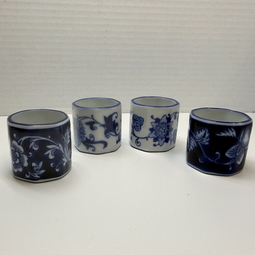 Pier 1 Mandarin Blue and White  Porcelain Napkin Rings Set of 4 Octagon Shape